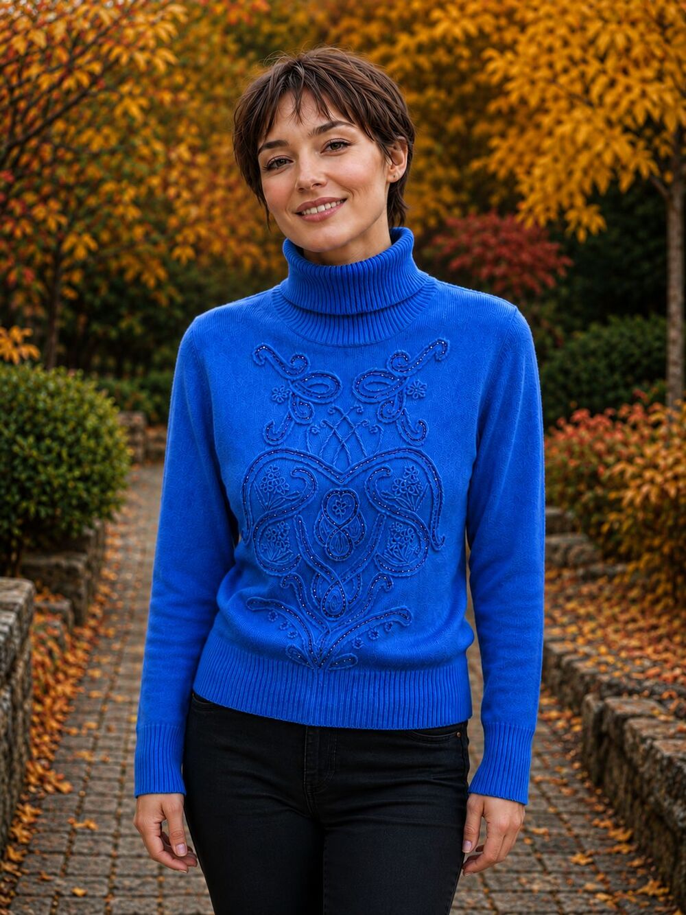 Oscar de la Renta Womens M Blue Turtleneck Sweater Crewel Embroidered Beaded